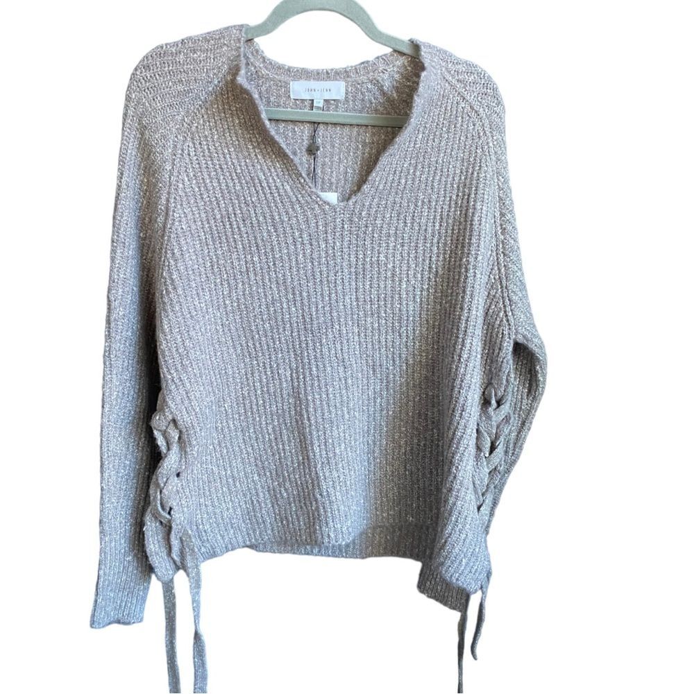 John and Jenn Gray Oversized Lace Up Sides V Neck Sweater size S NWT